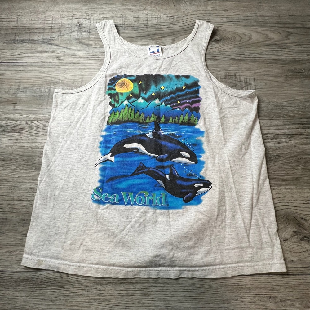 Lexington SeaWorld Tank Top Mens L Gray Vintage‎ 90s Orca Whale Graphic USA Made